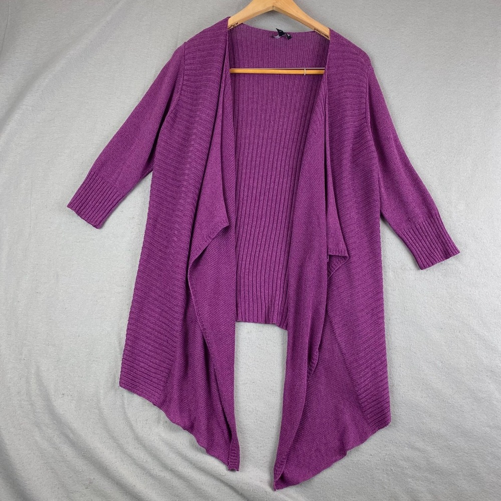 Eileen Fisher Cardigan Sweater Linen Silk purple knit Ribbed Draped Open